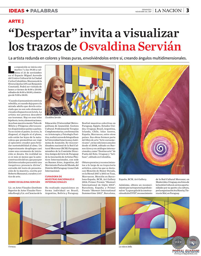 DESPERTAR INVITA A VISUALIZAR LOS TRAZOS DE OSVALDINA SERVIÁN - DOMINGO, 05 DE NOVIEMBRE DE 2017